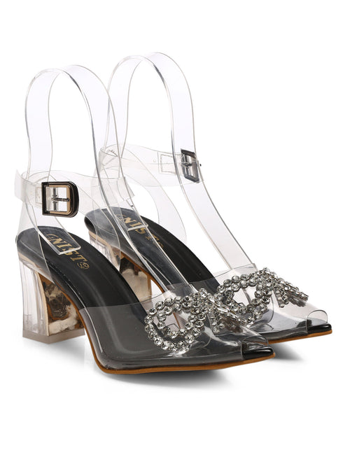 GNIST Black Pointed Embellished Transparent Bow Heels