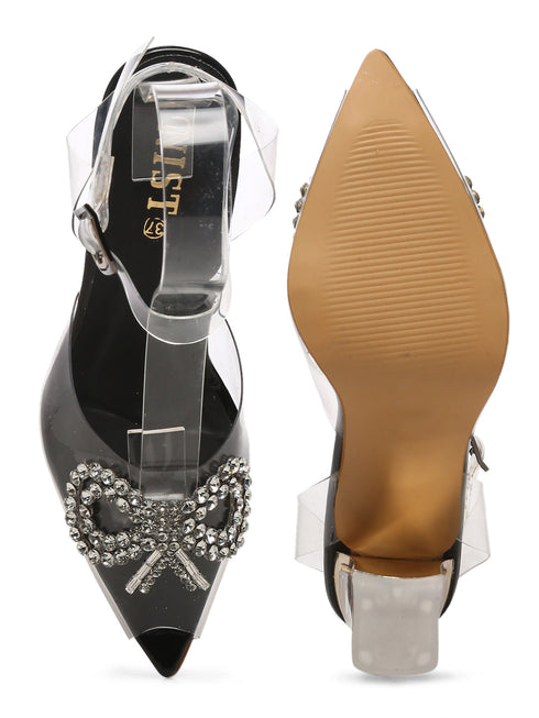 GNIST Black Pointed Embellished Transparent Bow Heels