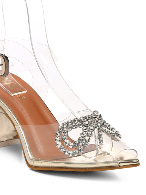 GNIST Gold Pointed Embellished Transparent Bow Heels