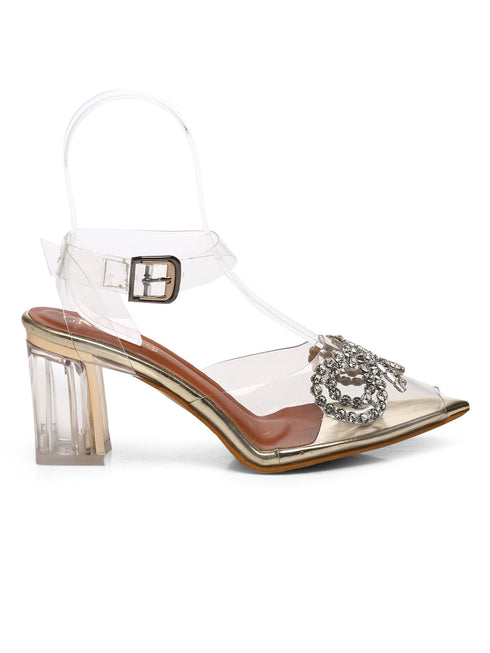 GNIST Gold Pointed Embellished Transparent Bow Heels