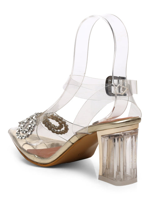 GNIST Gold Pointed Embellished Transparent Bow Heels