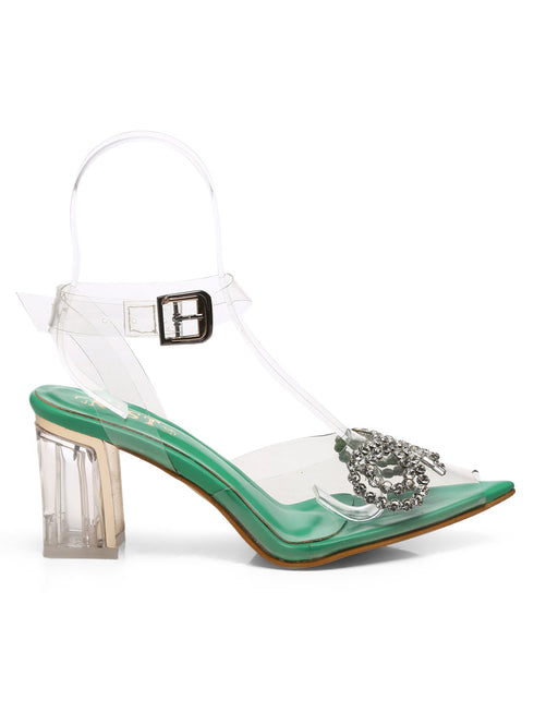GNIST Green Pointed Embellished Transparent Bow Heels