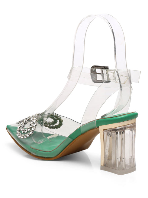 GNIST Green Pointed Embellished Transparent Bow Heels
