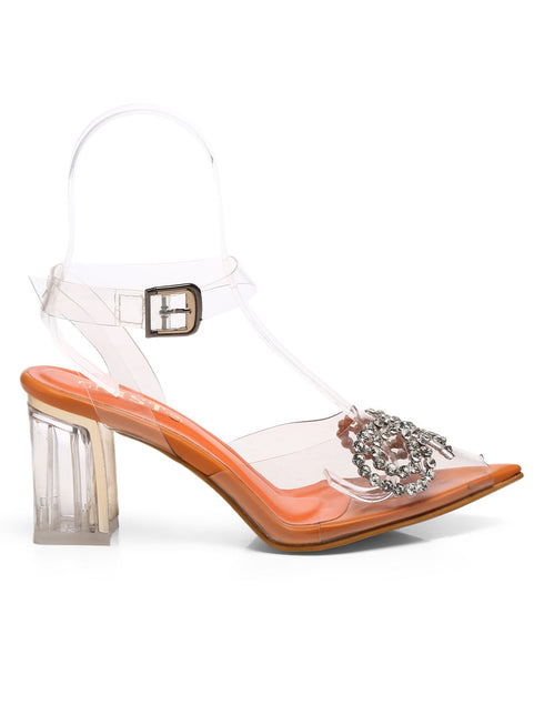 GNIST Orange Pointed Embellished Transparent Bow Heels