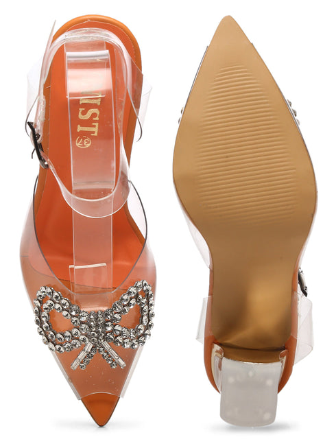 GNIST Orange Pointed Embellished Transparent Bow Heels