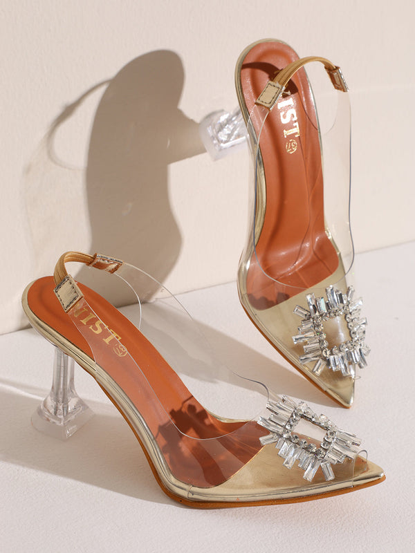 GNIST Square Embellished Gold Pointed Stilettos