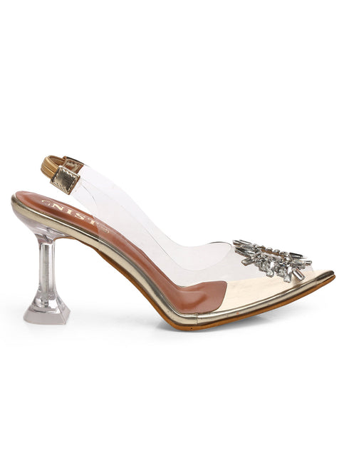 GNIST Square Embellished Gold Pointed Stilettos
