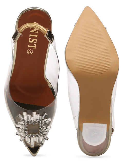 GNIST Square Embellished Gold Pointed Stilettos