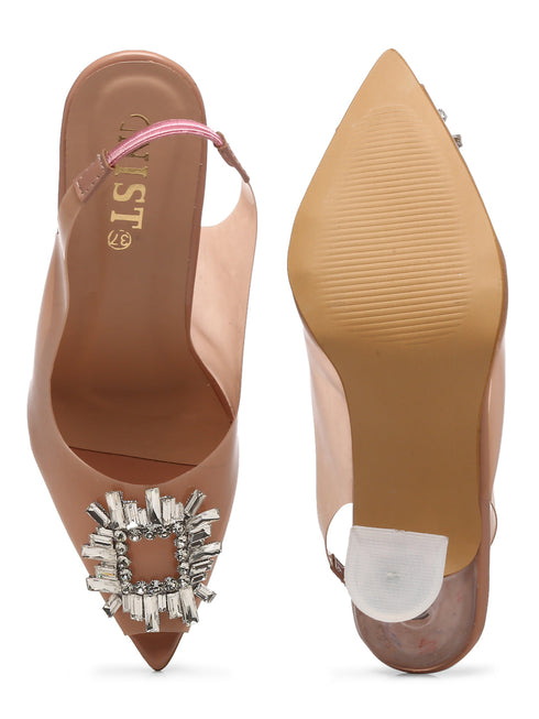 GNIST Square Embellished Peach Pointed Stilettos