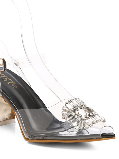 GNIST Black Pointed square Embellished Back Strap Stilettos