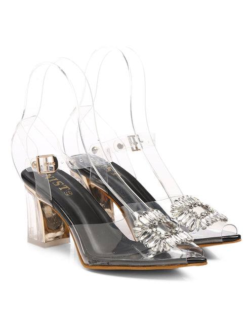 GNIST Black Pointed square Embellished Back Strap Stilettos