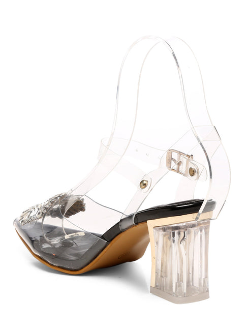 GNIST Black Pointed square Embellished Back Strap Stilettos