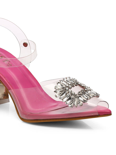 GNIST Pink Pointed square Embellished Back Strap Stilettos