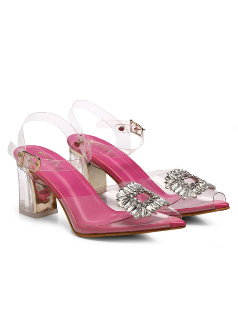 GNIST Pink Pointed square Embellished Back Strap Stilettos