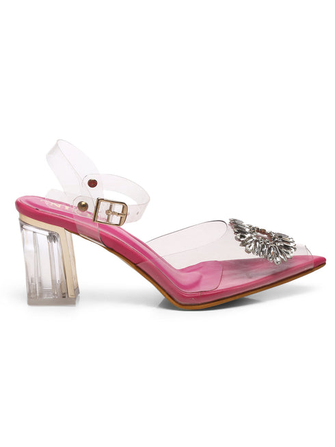 GNIST Pink Pointed square Embellished Back Strap Stilettos