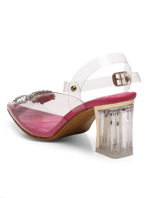GNIST Pink Pointed square Embellished Back Strap Stilettos