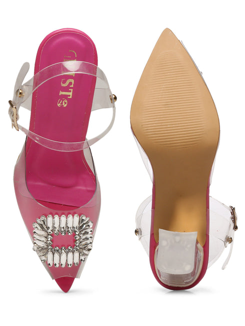 GNIST Pink Pointed square Embellished Back Strap Stilettos