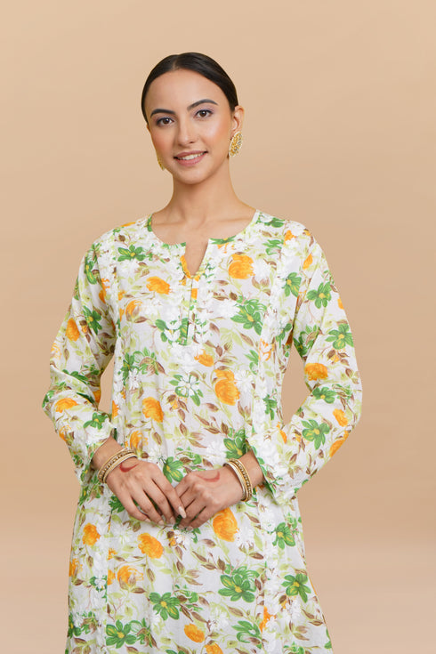 Saba Chikankari Kurta in Mul cotton in Green Floral