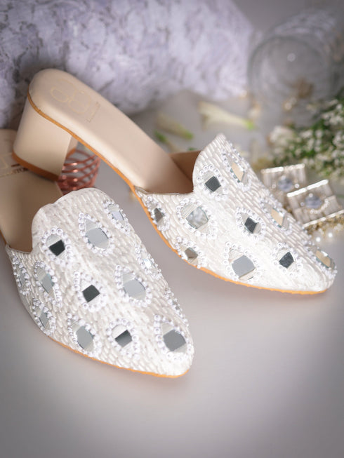 Masakali White Mirror Work Elegance Mules with Heel