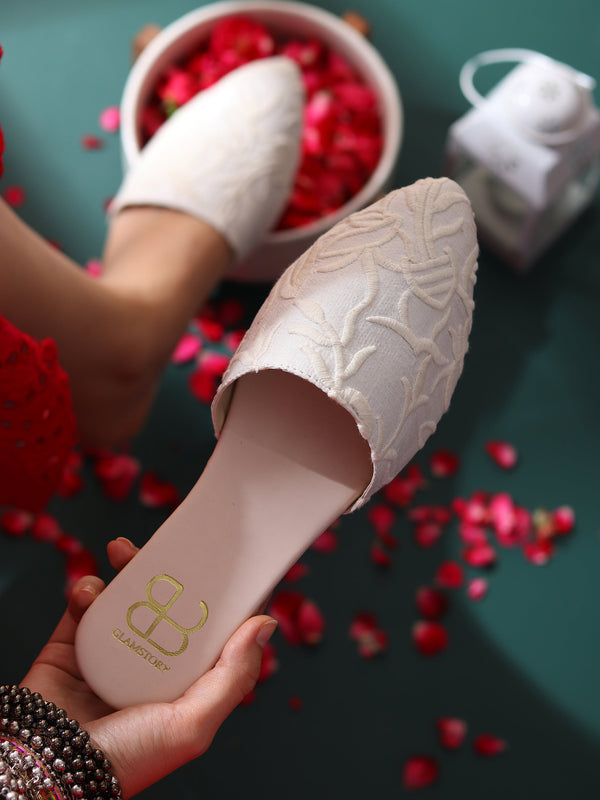 BELA Embroidered White Vegan Leather Mule
