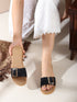 Rojana Embroidered Black Vegan Leather Slides Flats