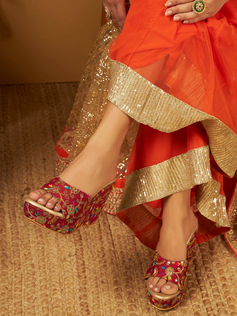Party Pop Red Ethnic Wedge Heels