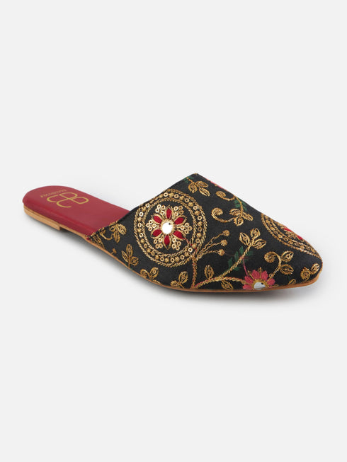 BELA Women Black Embroidered Ethnic Mule Flats