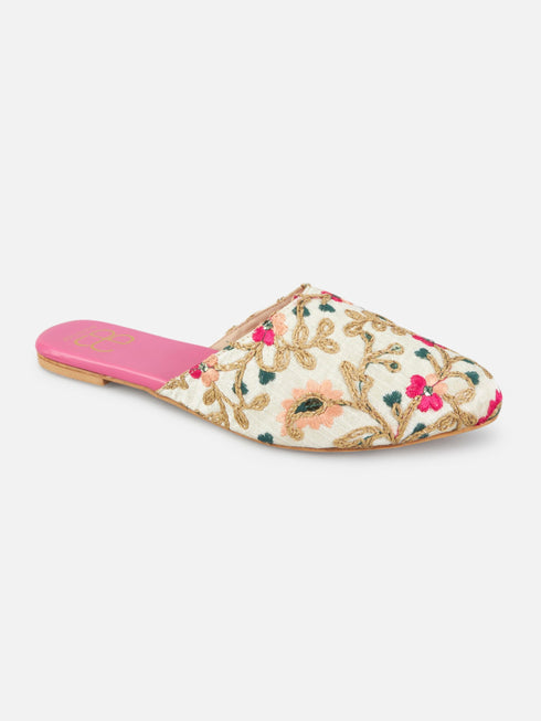 BELA Women Ivory Embroidered Ethnic Mule Flats