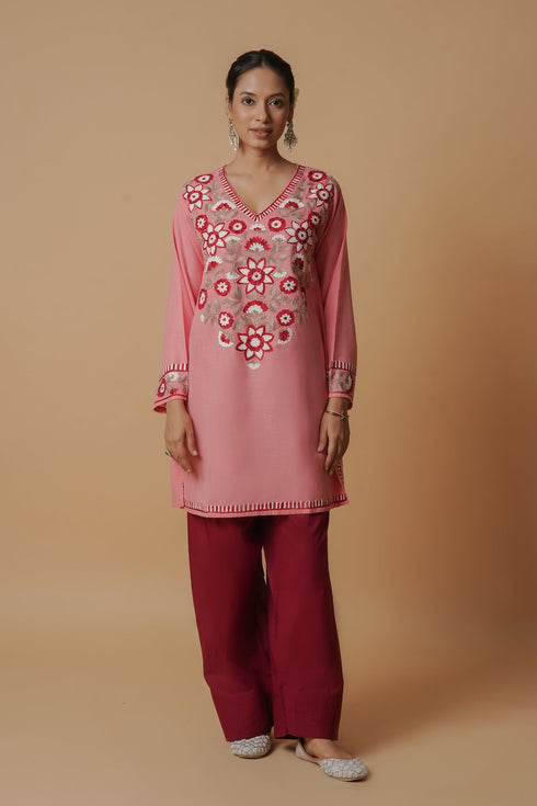 Kashirmir Aari Work Short Kurta - Pink