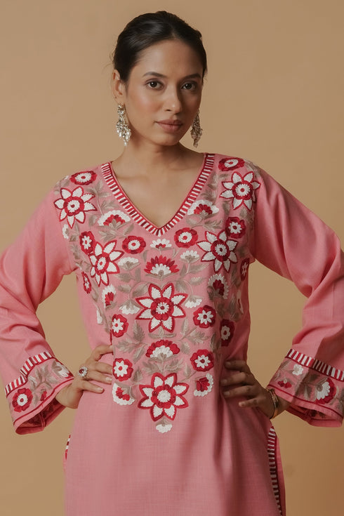 Kashirmir Aari Work Short Kurta - Pink