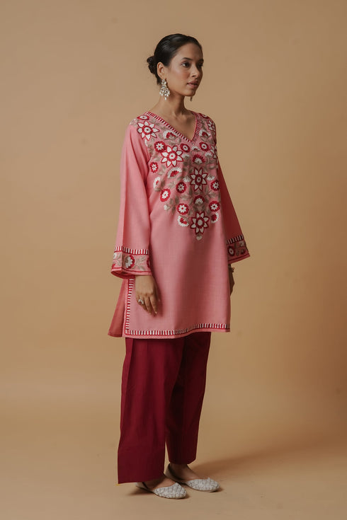 Kashirmir Aari Work Short Kurta - Pink