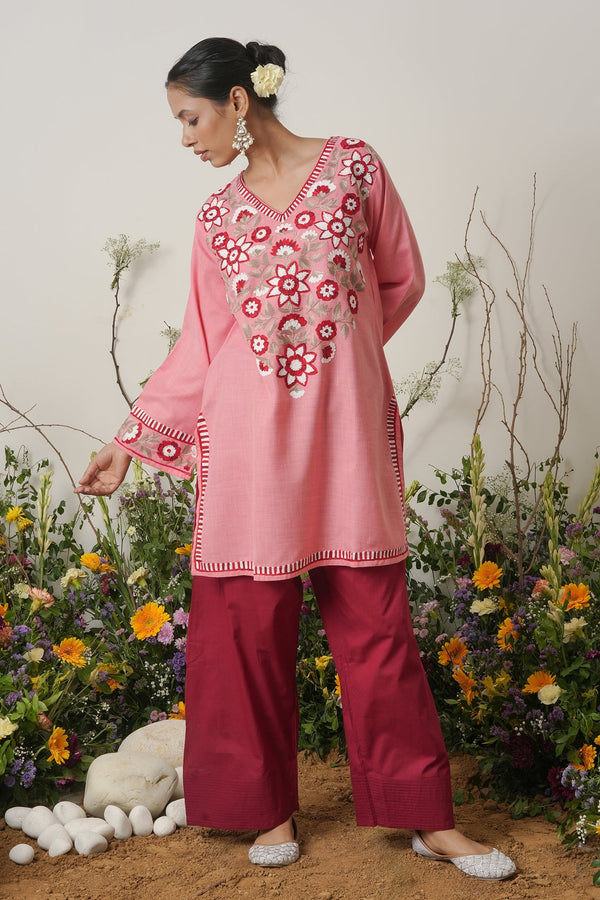 Kashirmir Aari Work Short Kurta - Pink