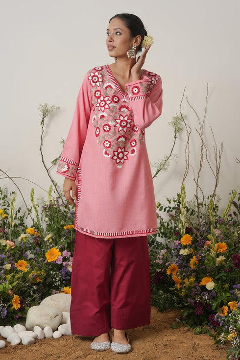 Kashirmir Aari Work Short Kurta - Pink