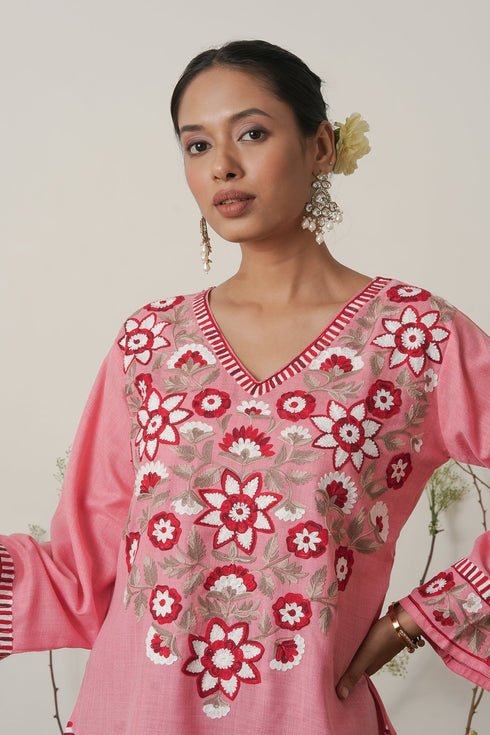 Kashirmir Aari Work Short Kurta - Pink