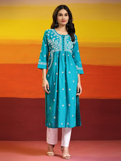 Samma Chikankari Long kurti In Cotton for Women- Sea Green