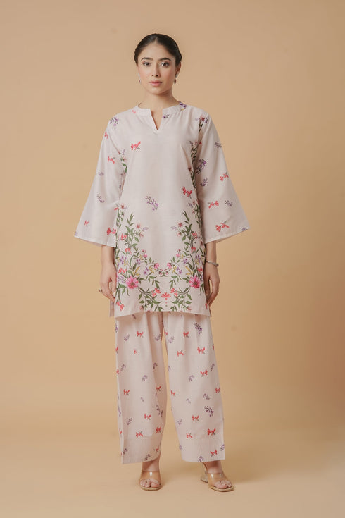 Lawn Cotton Printkari Co-ord Set - Off White with Floral with Farsi Pant