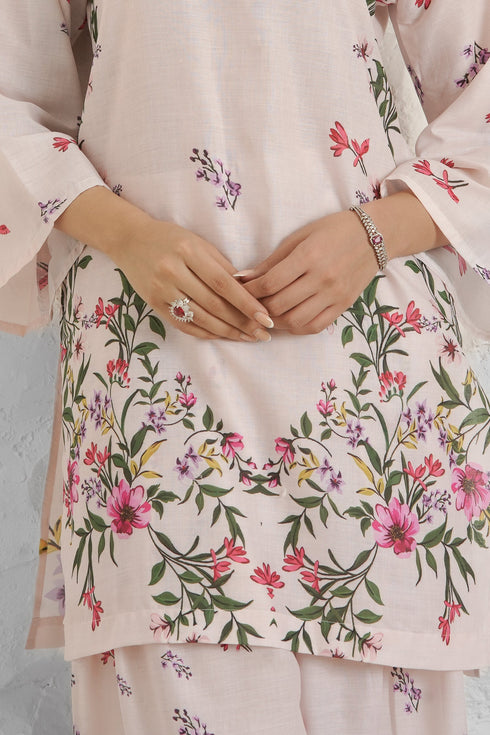 Lawn Cotton Printkari Co-ord Set - Off White with Floral with Farsi Pant