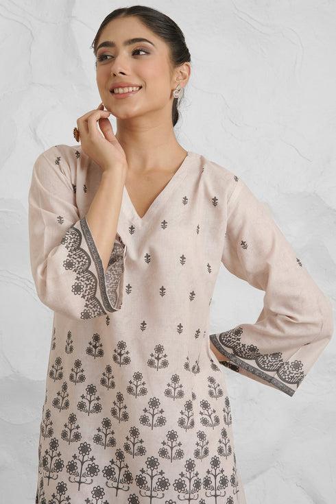 Lawn Cotton Printkari Co-ord Set - Beige with Black With Straight pant