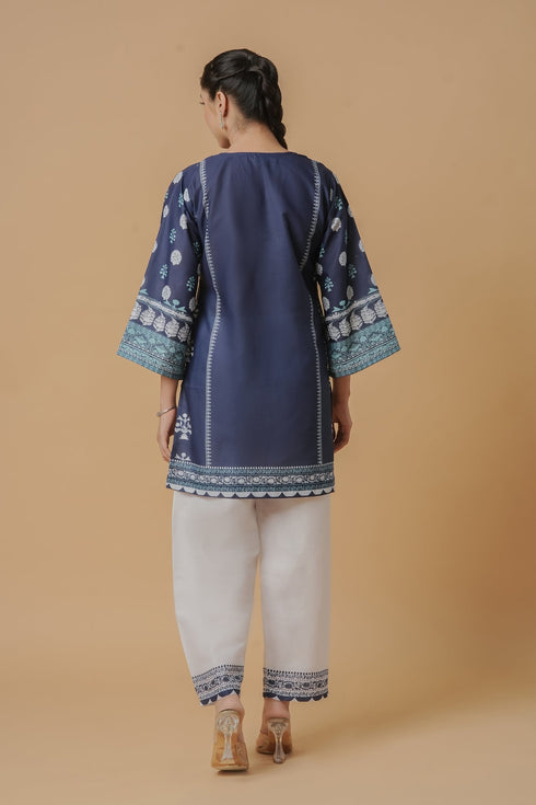 Lawn Cotton Printkari Co-ord Set - Navy Blue & White With Straight pant