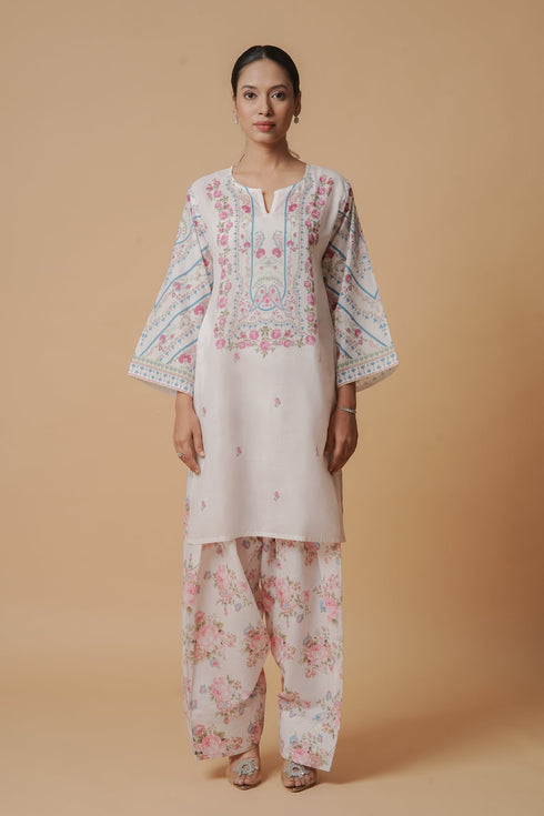 Lawn Cotton Co-ord Set - White with Pink Floral Print with Farsi Pant