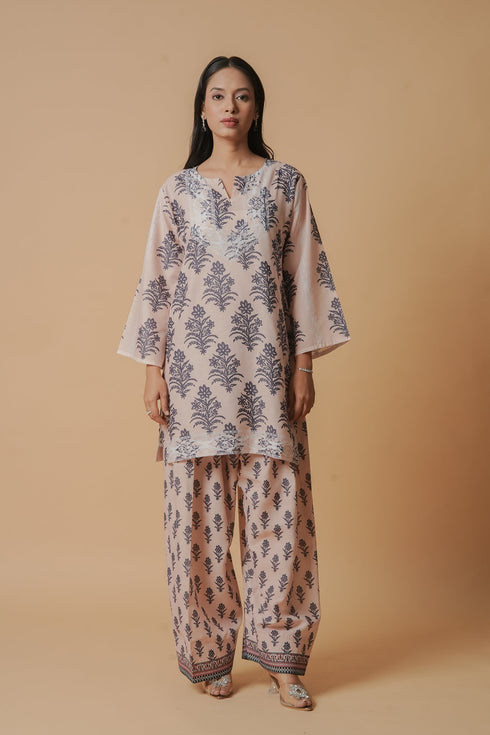 Lawn Cotton Co-ord Set - Beige with Navy Floral Print with Farsi Pant