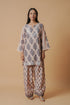 Lawn Cotton Co-ord Set - Beige with Navy Floral Print with Farsi Pant
