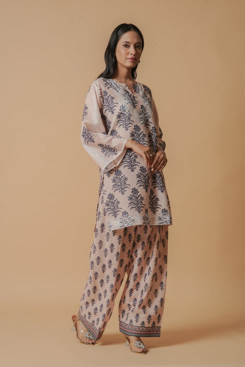 Anureet in Lawn Cotton Co-ord Set - Beige with Navy Floral Print with Farsi Pant