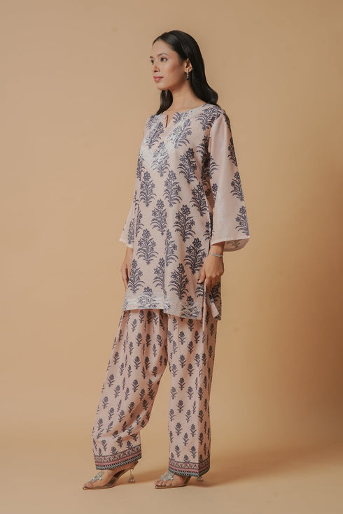 Lawn Cotton Co-ord Set - Beige with Navy Floral Print with Farsi Pant