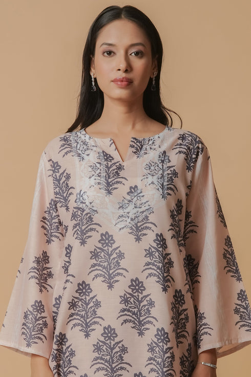 Lawn Cotton Co-ord Set - Beige with Navy Floral Print with Farsi Pant