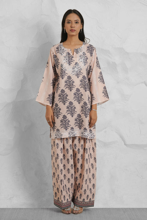Lawn Cotton Co-ord Set - Beige with Navy Floral Print with Farsi Pant