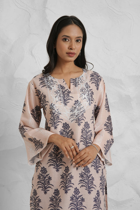 Lawn Cotton Co-ord Set - Beige with Navy Floral Print with Farsi Pant