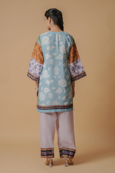 Lawn Cotton Co-ord Set - Multicolor with Bold Floral Print with Farsi Pant
