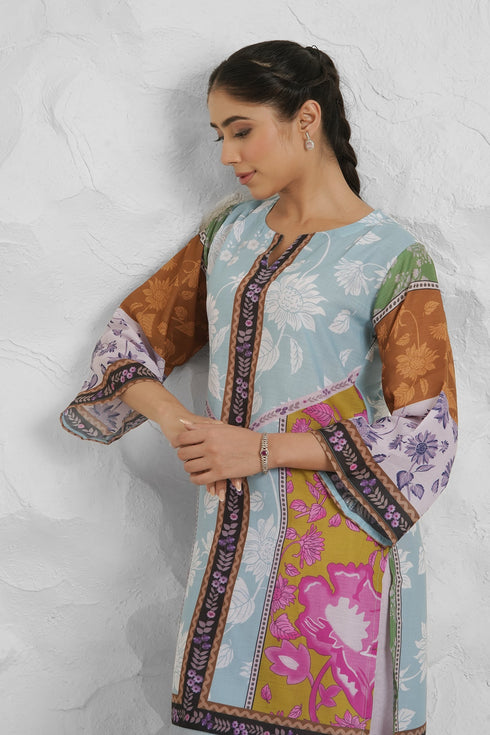 Lawn Cotton Co-ord Set - Multicolor with Bold Floral Print with Farsi Pant