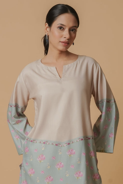 Lawn Cotton Co-ord Set - Beige with Sky Blue Floral Panels With Straight pant